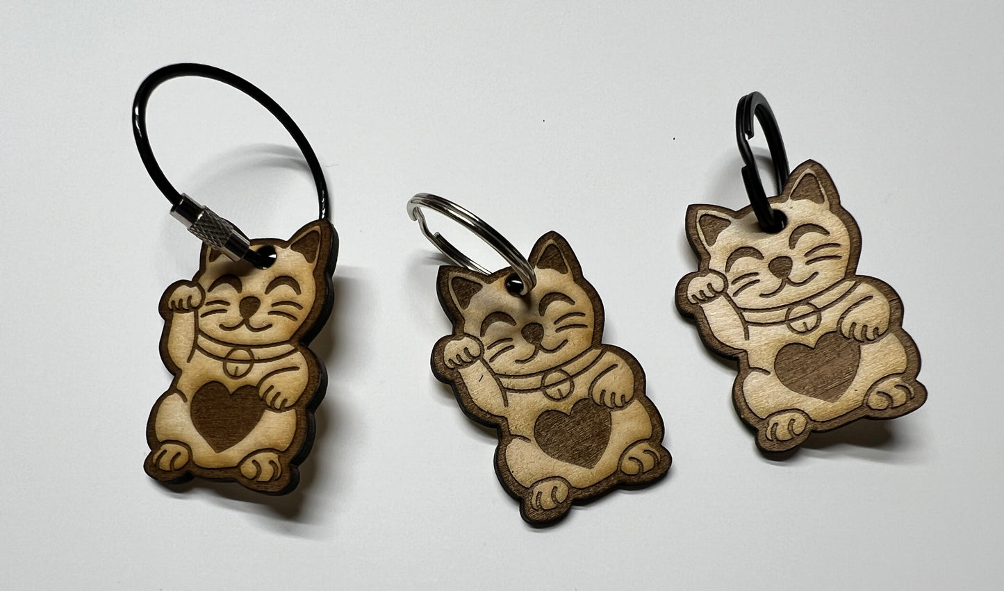Lucky Cat Keychain – Laser Cut Wood Maneki Neko with Heart – Handmade Charm for Good Fortune & Love