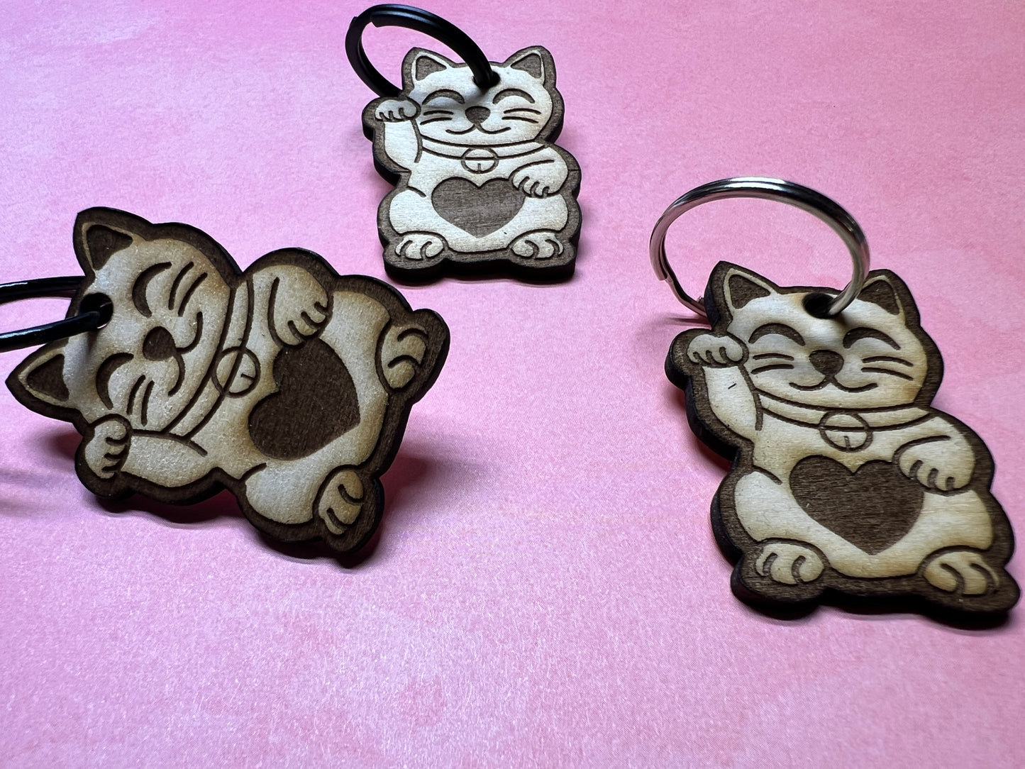 Lucky Cat Keychain – Laser Cut Wood Maneki Neko with Heart – Handmade Charm for Good Fortune & Love