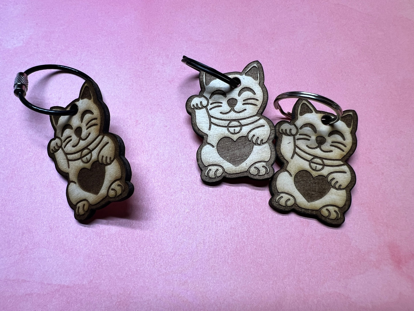 Lucky Cat Keychain – Laser Cut Wood Maneki Neko with Heart – Handmade Charm for Good Fortune & Love