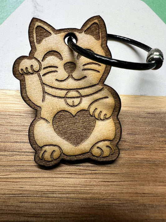 Lucky Cat Keychain – Laser Cut Wood Maneki Neko with Heart – Handmade Charm for Good Fortune & Love